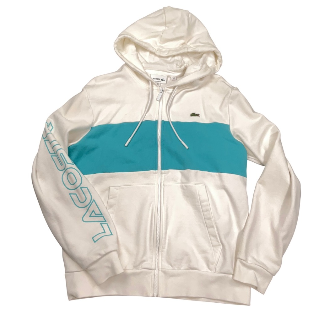 Lacoste Hoodie Mens L White Turquoise Colorblock Logo Zip Beach Summer Spell out